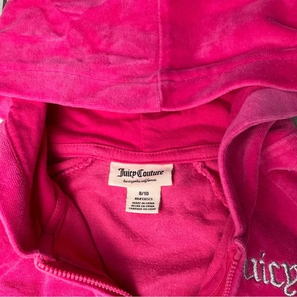 Girls Juicy Couture Pink Velour Zip Up Jacket With Hood Dog Print on Back 8-10 - Picture 3 of 6